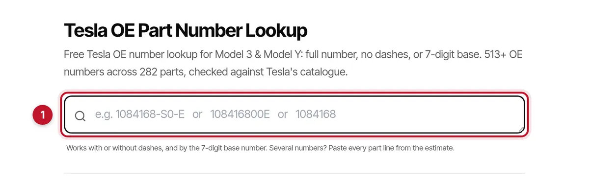 The MapleV Tesla OE part number lookup page, with the search box marked 1