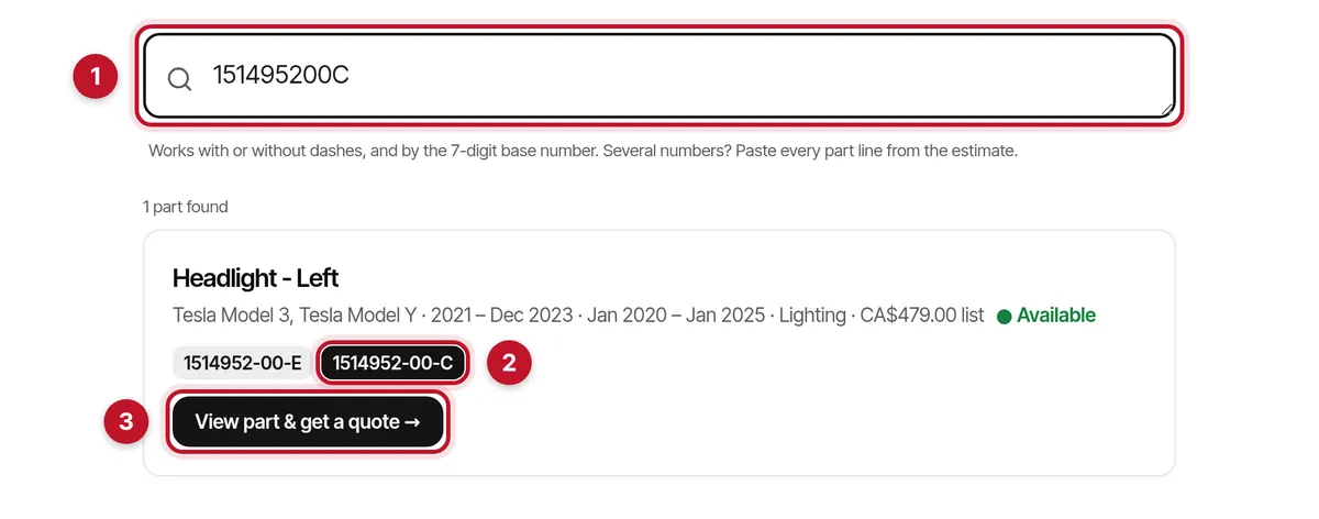 Search result for 151495200C: Headlight - Left, with Tesla OE numbers 1514952-00-E and 1514952-00-C, the searched number highlighted