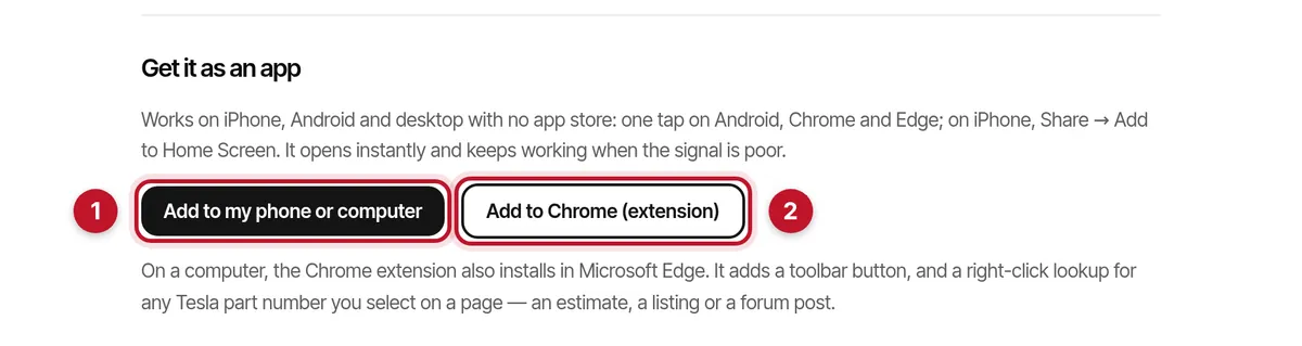 The Get it as an app section of the lookup page, with the Add to my phone or computer and Add to Chrome (extension) buttons marked