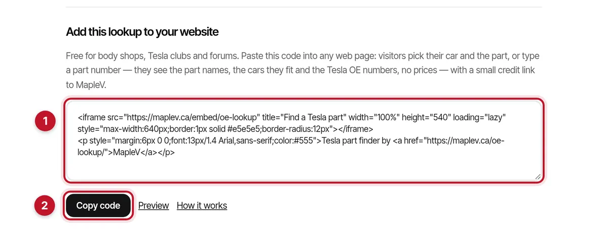 The Add this lookup to your website section, with the embed code box and the Copy code button marked