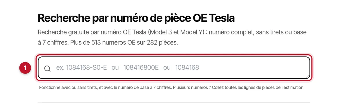 La page de recherche par numéro OE Tesla de MapleV, avec la boîte de recherche marquée 1