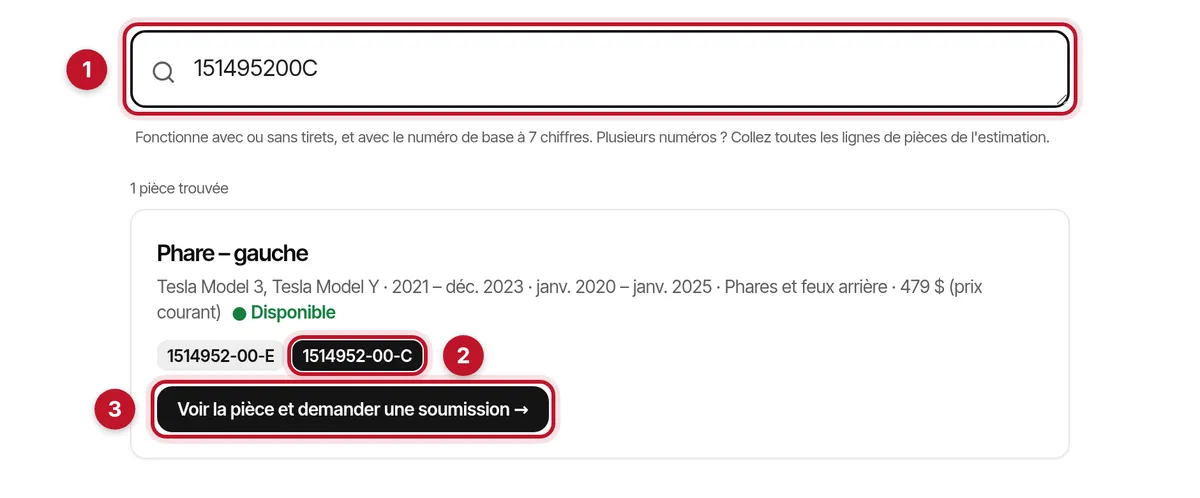 Résultat de recherche pour 151495200C : Phare – gauche, avec les numéros OE Tesla 1514952-00-E et 1514952-00-C, le numéro cherché mis en évidence