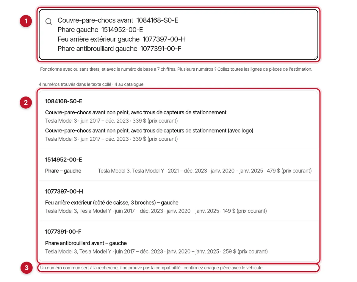 Quatre lignes de pièces collées d'une estimation, avec une ligne de résultat par numéro de pièce Tesla et le compte : 4 numéros trouvés, 4 au catalogue