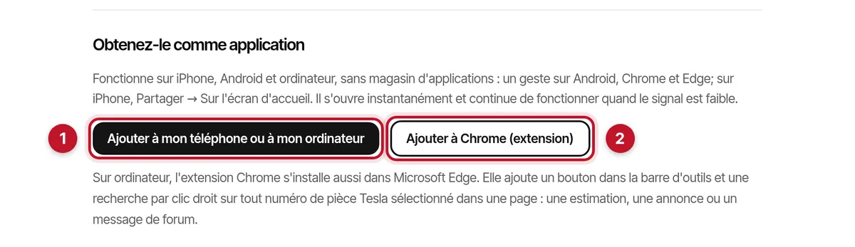 La section Obtenez-le comme application de la page de recherche, avec les boutons Ajouter à mon téléphone ou à mon ordinateur et Ajouter à Chrome (extension) marqués