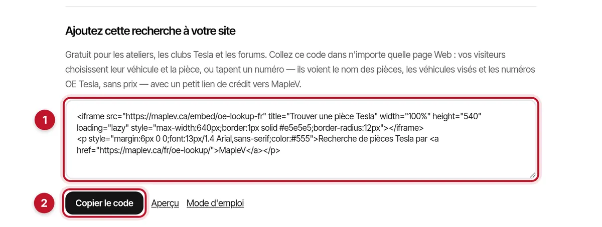 La section Ajoutez cette recherche à votre site, avec la boîte du code d'intégration et le bouton Copier le code marqués